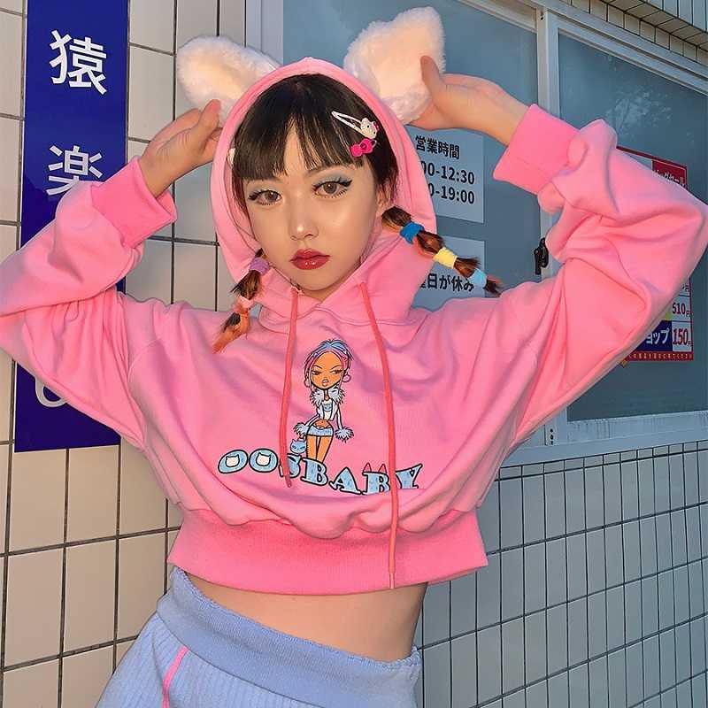 

Korea Ulzzang casual women's loose hooded sweatshirt Vintage Harajuku tops fun fashion plus size short hip-hop ins 210608, White