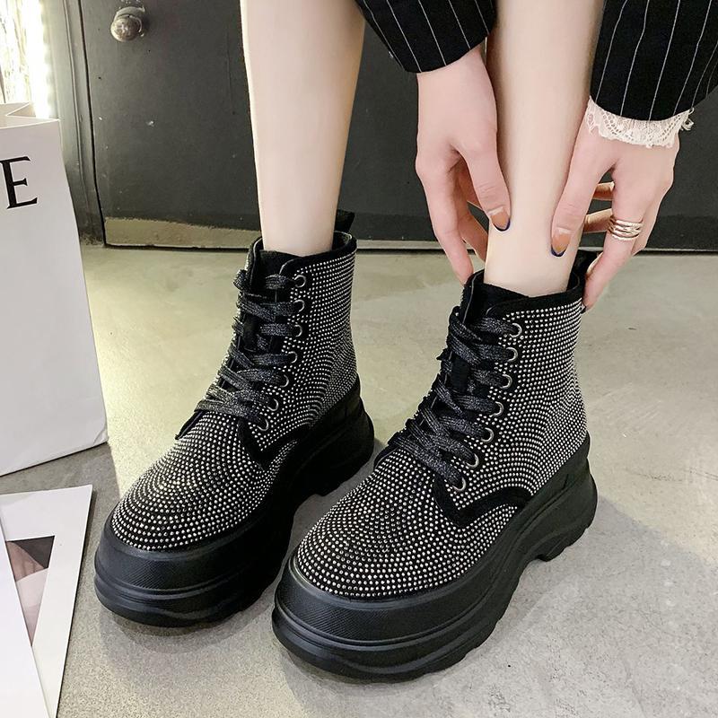 

Boots Rimocy Black Silver Crystal Women Platform Winter Thick Bottom Lace Up Ankle Female Fashion Rhinestones Chunky Shoes CIY1