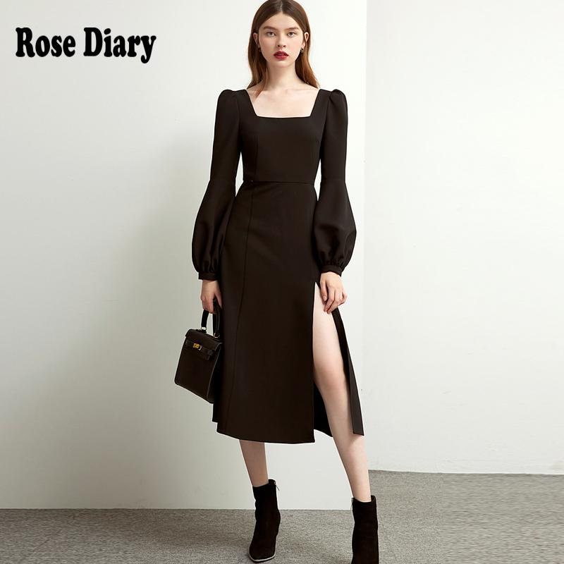 

Casual Dresses RoseDiary Vintage Elegant Square Neckline Black Midi Long Women 90S Retro A Line Split Party Night Elbise Chic