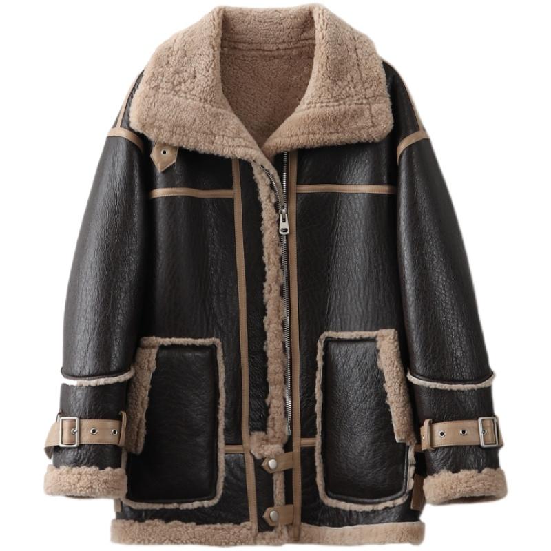 

Women's Leather & Faux Winter Brown Genuine Jacket Women Lamb Fur Motorcycle Shearling Coat Real Sheepskin Womens Warm Overcoat, Black