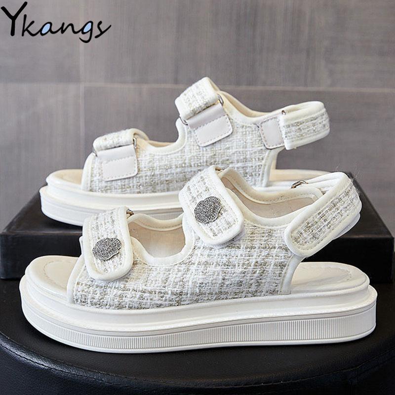 

Sandals Women's Summer Rhinestone Breathable Ladies Beach Korean School Style Thick-soled Non-slip Flat Shoes, Black