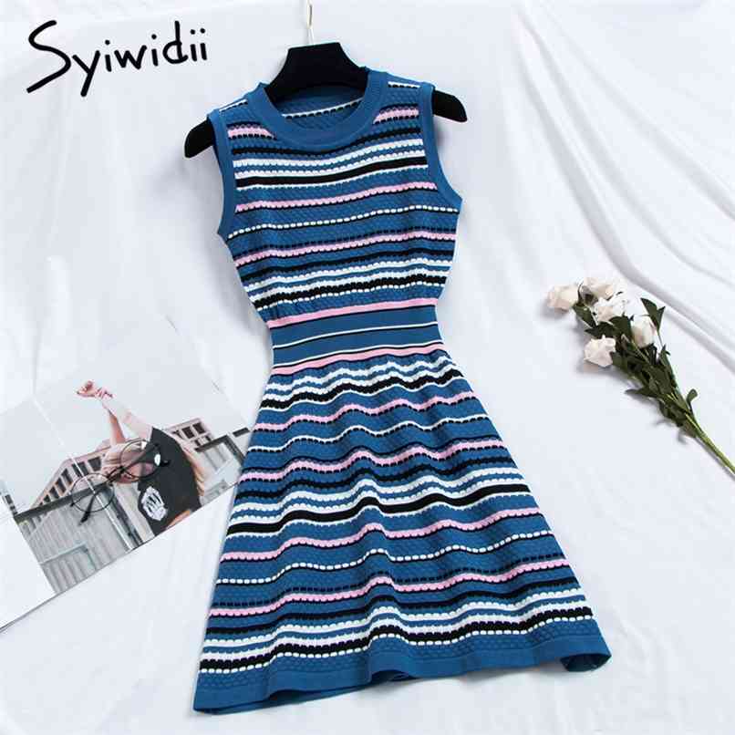 

Vintage Blue Striped Tank Dresses Women High Waist Sleeveless O-Neck A-line Black Summer Korean Fashion Clothing 210607