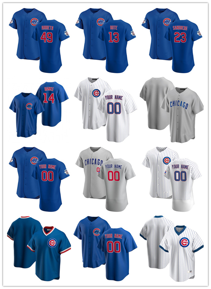 

Custom Mens women Youth Chicago Cubs 14 Ernie Banks 49 Jake Arrieta 23 Ryne Sandberg 13 David Bote Baseball Jerseys, Blue;black