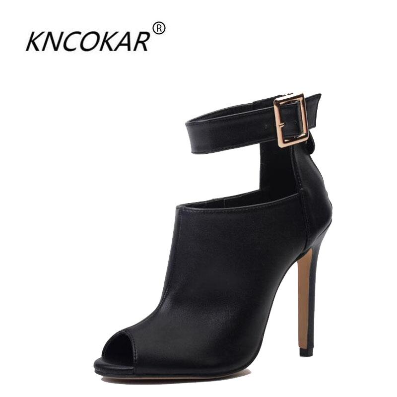 

Walk A Metal Clasp High Heel Fish Mouth Cool Boots Thin Heels Horse Sandals, Black