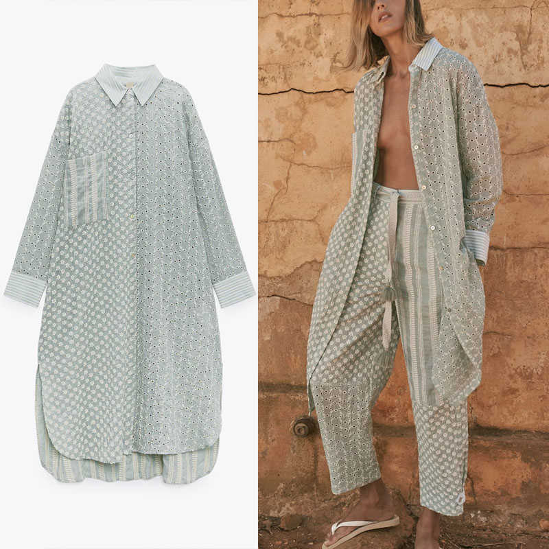 

Za Summer Long Embroidery Shirt Women Vintage Openwork Asymmetric Large Size Shirts Fashion Patchwork Woman Embroidered Top 210602, As picture