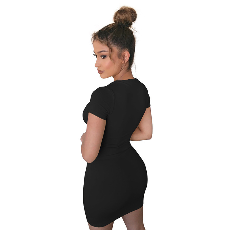 

Women Dress Sexy Solid Color V-neck Zipper Short Sleeve Ladies Slim Fit One-Step Skirt Dresses Nightclub Casual Clothing New 2020, Black;gray
