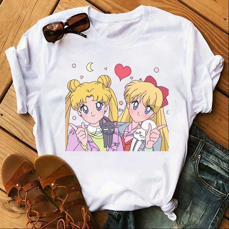 

sailor moon summer fashion harajuku womens t shirt short sleeve ulzzang cute cat 90s girls, White