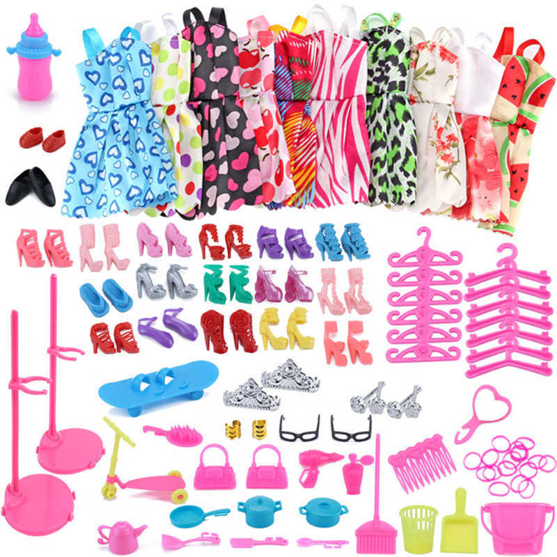 

85 Item/Set Accessories=10 Mix Cute Dress+ 75Pcs Accessories For Barbie Doll Fashion Clothes Party Gown Girl's Gift