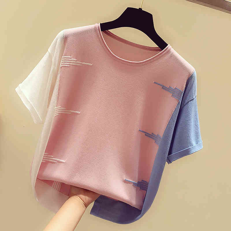 

Women's T-Shirt shintimes Pink O-Neck T Shirts Summer Thin Knitted Casual Woman s Hit Color Tops Tee Shirt Femme 8NBT, Red