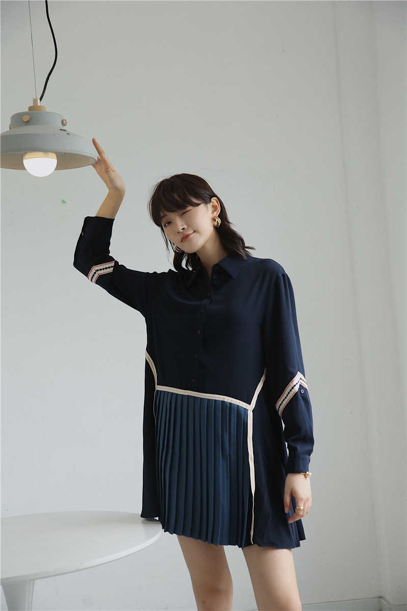 

Autumn korean Street Style Shirt Dress Women' Long Loose Sleeve Pleated Plus Size Women Elegant 210615, Navy