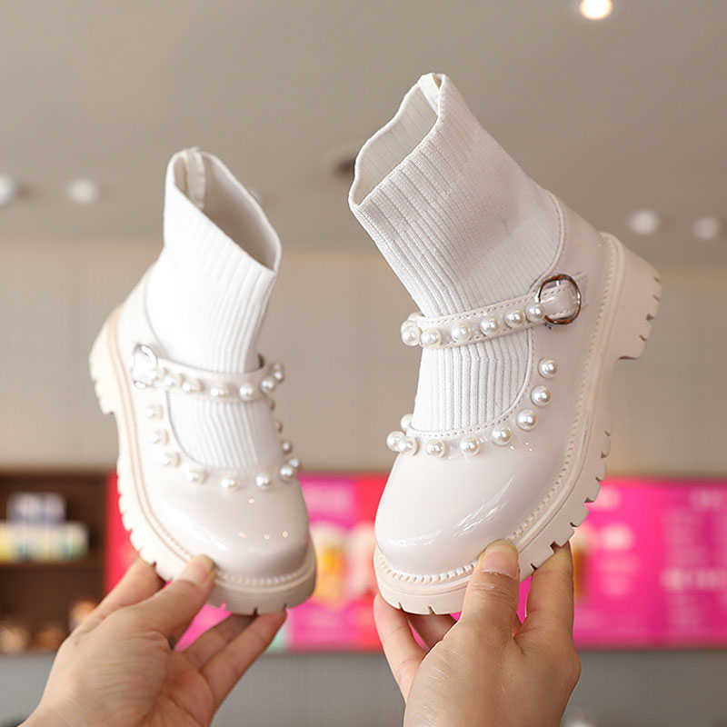 

For Kids Pearl Buckle Shoes Girl Knit Ankle Boots Slip-on Round Toes Leather Boot 2021 Child School Uniform Dress Shoe Black Beige 26-36, Khaki