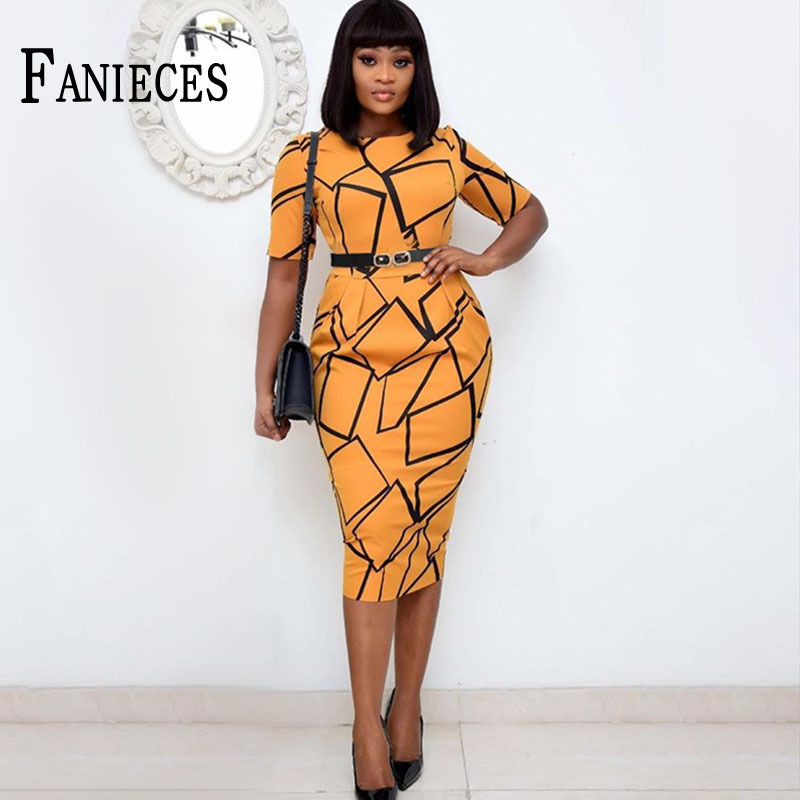 

Office Lady Summer Autumn Midi Dresses Women Print O Neck Short Sleeve High Waist Elasticity OL Dress Female vestidos de fiesta 210520, Without belt