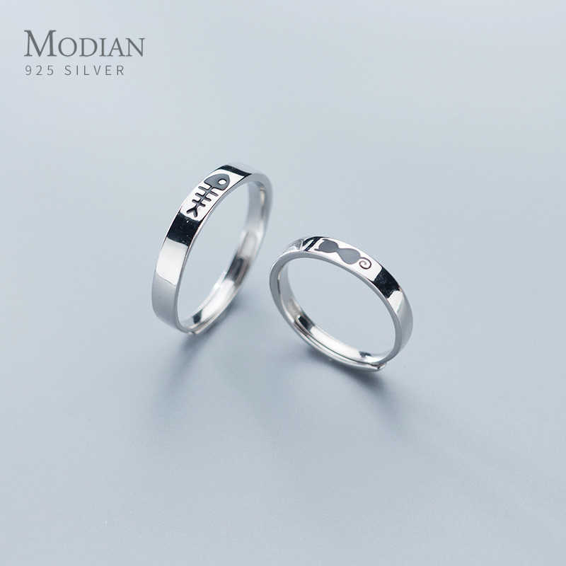 

A Pair Cute Cat Fishbone Couple Rings for Men Women Pure 925 Sterling Silver Free Size Animal Ring Fashion Fine Jewelry 210707