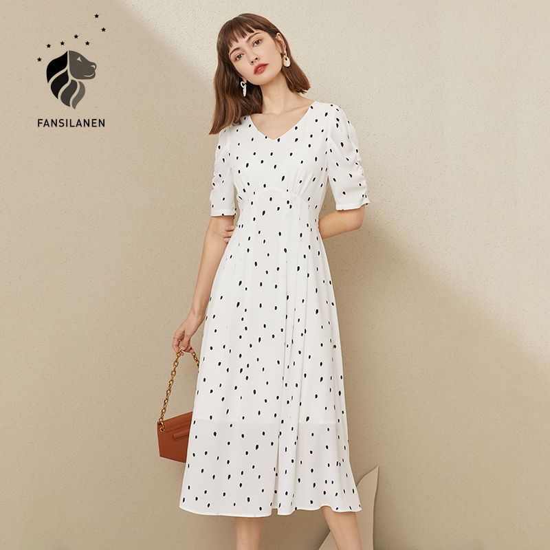 

fansilanen vintage polka dot white long dress women puff sleeve pleated summer dress boho v neck bandage slim beach maxi dress, Black;gray