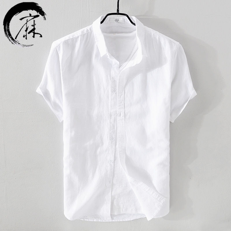 Simple casual square neck short men&#039;s thin breathable cotton linen shirt slim solid half sleeve-image-707042428