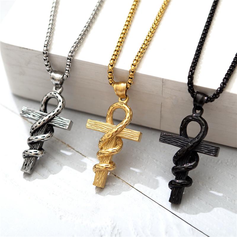 

Pendant Necklaces Egyptian Punk Snake Wrapped Cross Necklace Fashion Personality Gothic Exaggerated Casting For Mens Women, Silver