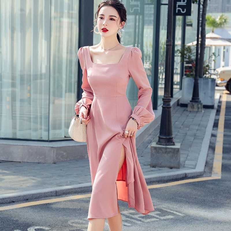 

Korean Fashion Spring Dress Girls Boho Party Chiffon Female Elegant Square Collar Long Sleeve Women Dresses Robe Vestido 210526, Pink