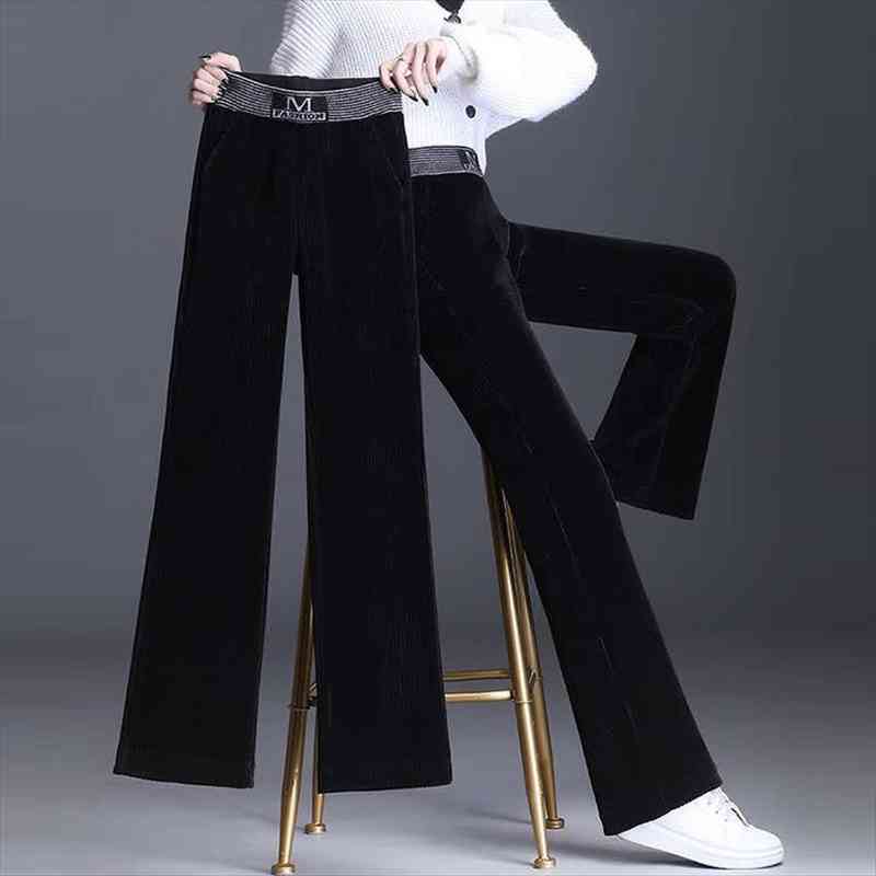 

corduroy wide leg pants women casual loose trousers elastic high waist straight pants autumn winter warm plus size, Black;white