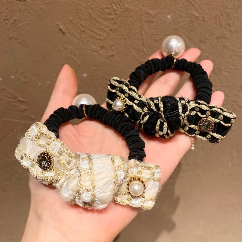 

Hair Accessories Women Bowknot Pearl Rhinestone Ties 2021 Fashion Black And White Head Rope