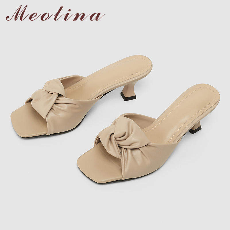 

Meotina Genuine Leather Sandals Square Toe Slides Pleated High Heels Slippers Summer Kitten Heel Ladies Footwear Black 42 210520, Apricot