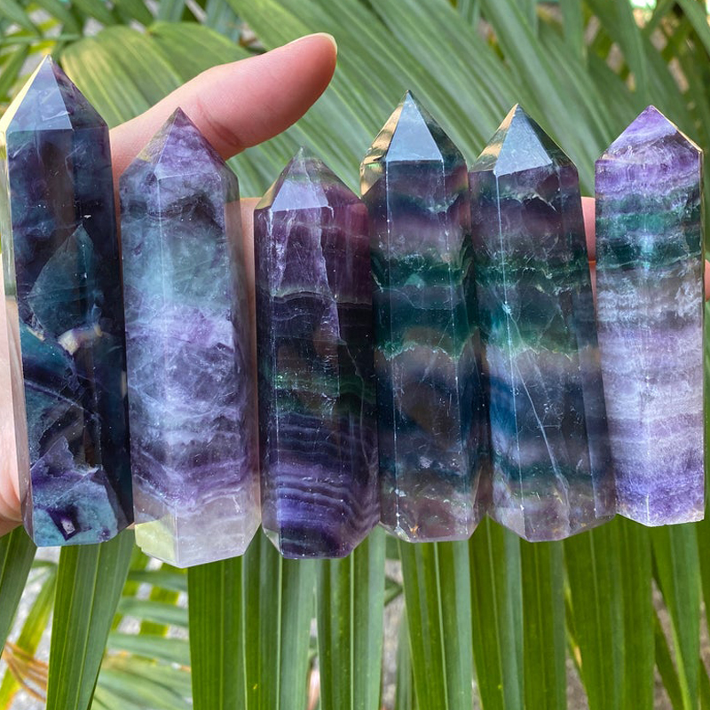 

Natural Fluorite Quartz Crystal Tower Colorful Striped Point Wand Gift