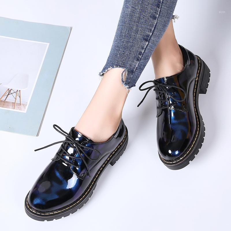 Boots Women Leather Shoes British College Style Spring Autumn Black Blue Mirror Round Toe Woman Casual Platform