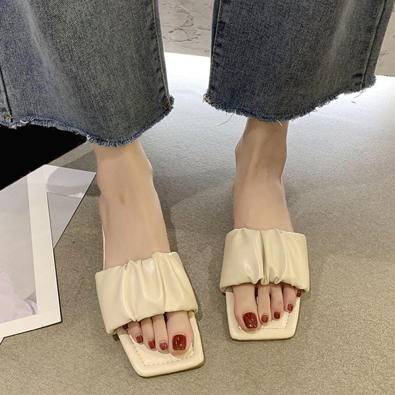 

Slippers Lucyever Fashion Pleated Summer 2021 Comfort Soft Bottom Square Heels Slides Woman Outdoor Solid Color Flat Beach Shoes 2, Yellow