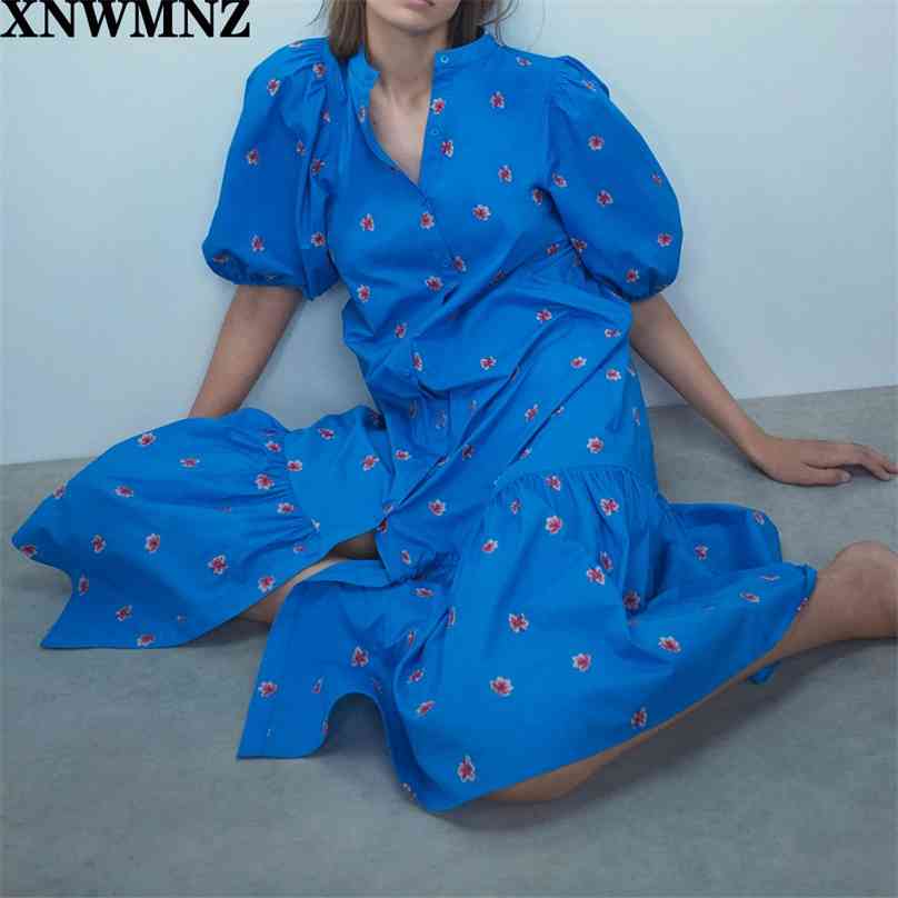 

Sweet O Neck Dresses Women Fashion Floral Embroidery Dress Elegant Puff Sleeve Mid Calf Female Ladies 210520, Blue