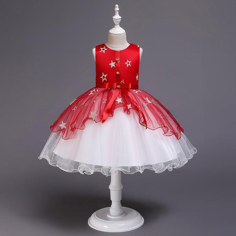 

Girl's Dresses Flower Girls Illusion Button Bow Embroidery Tulle Lace Sleeveless O-Neck Knee-Length Black Kids Party Princess Gown F181