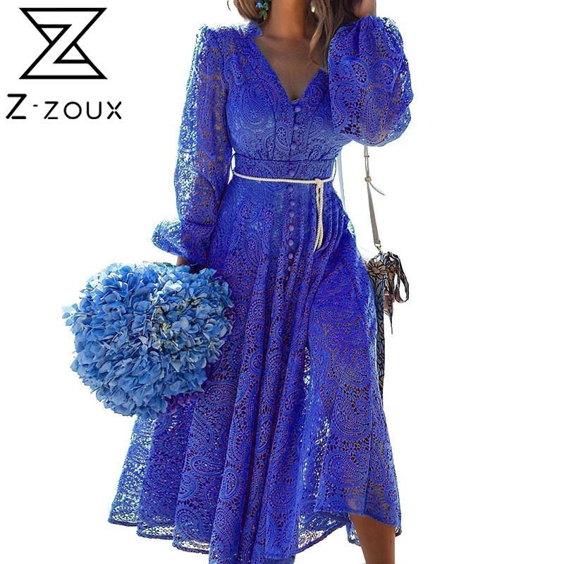 

Women Dress Temperament Lace Up V Neck Lantern Sleeve Hollowed Out Vintage es Sexy Long es Autumn 210524, Blue