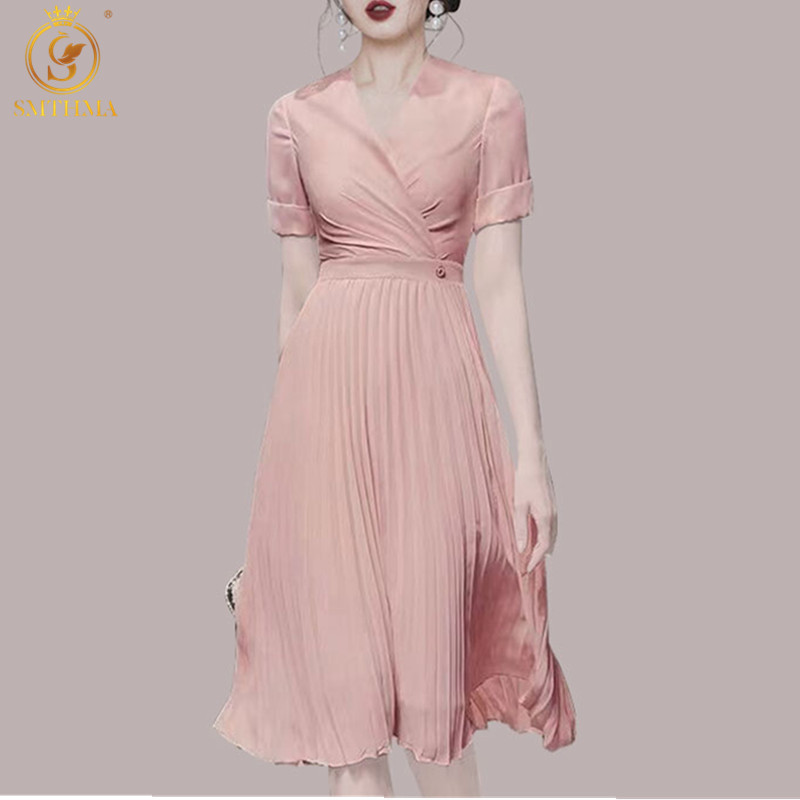 

Arrival Short Sleeve Summer Chiffon Dress Women's Fashion Pink Casual Pleated Vestidos 210520, Photo color