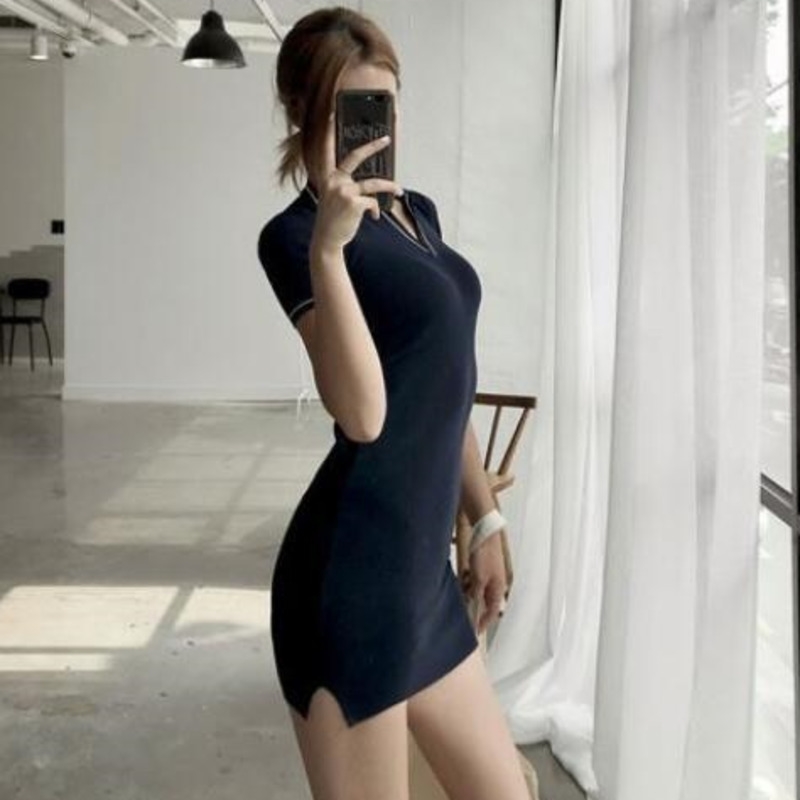 

WOMENGAGA Women's Slim Square Neck Knitted T Shrit Mini Sexy Dress Hip Split Short Sleeve Casual Sports Dresses BE8I 210603, Navy