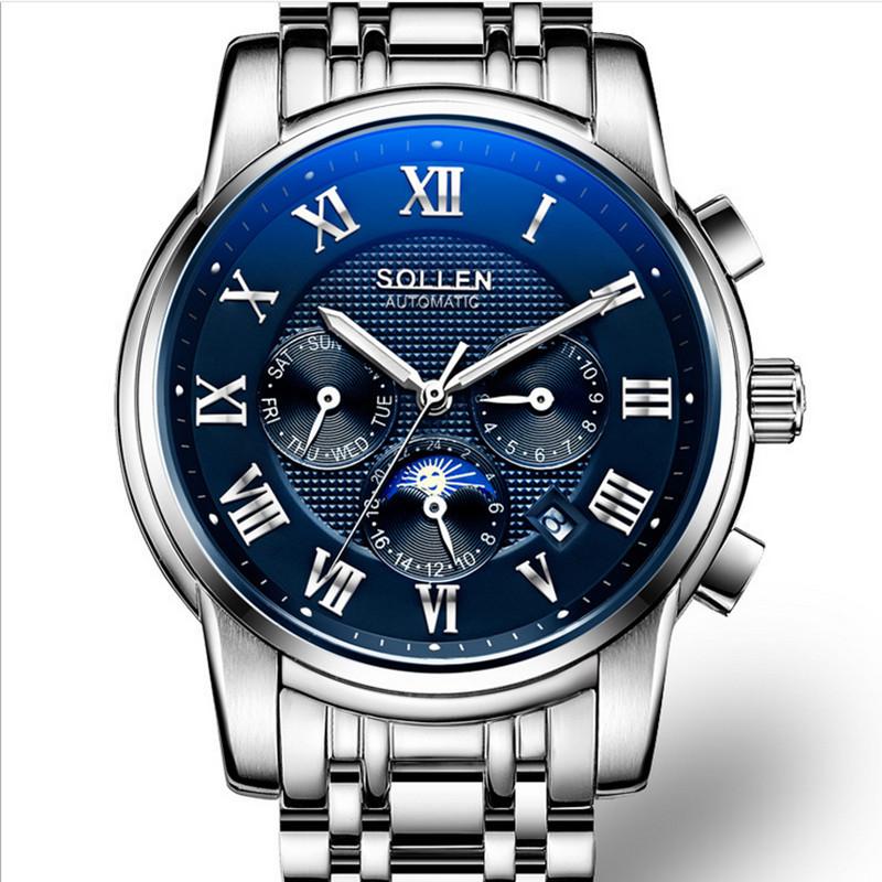 

Wristwatches Cool Men Sports Designer Multi-functional Mechanical Watches Auto Self-winding Calendar Watch Workable 3 Eyes Roman Wrist, Silver gold white