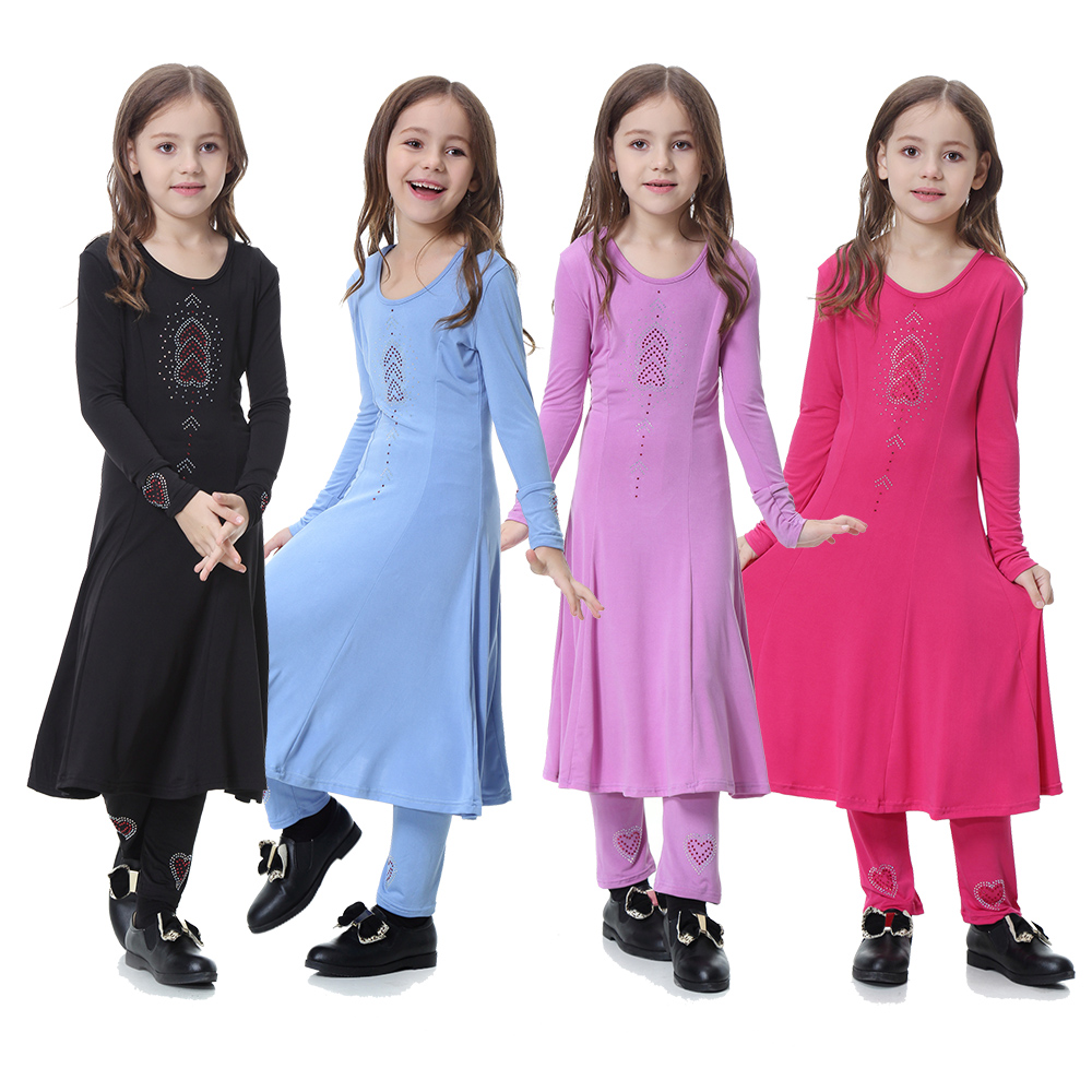 

Muslim Islamic Girl Dress and Pant 2 Piece Set Long Sleeve A-line Abaya Dresses Kaftan for Girls Suits Musulman Kids Clothes