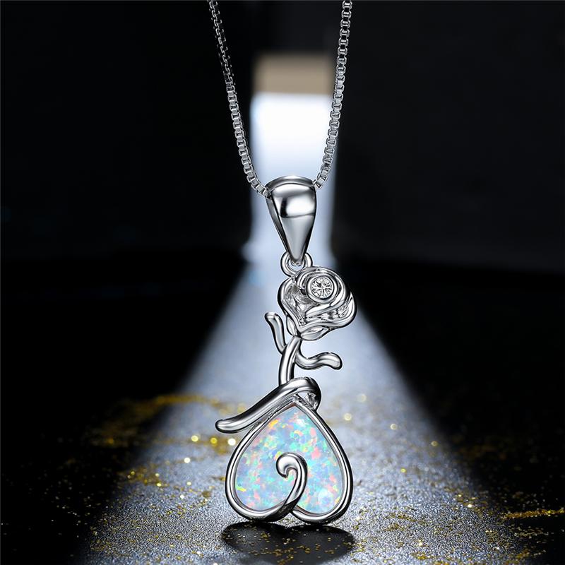 Pendant Necklaces Charm Female Rose Flower Chain Necklace Cute Pink Opal Heart Luxury Silver Color Wedding For Women-image-698090769