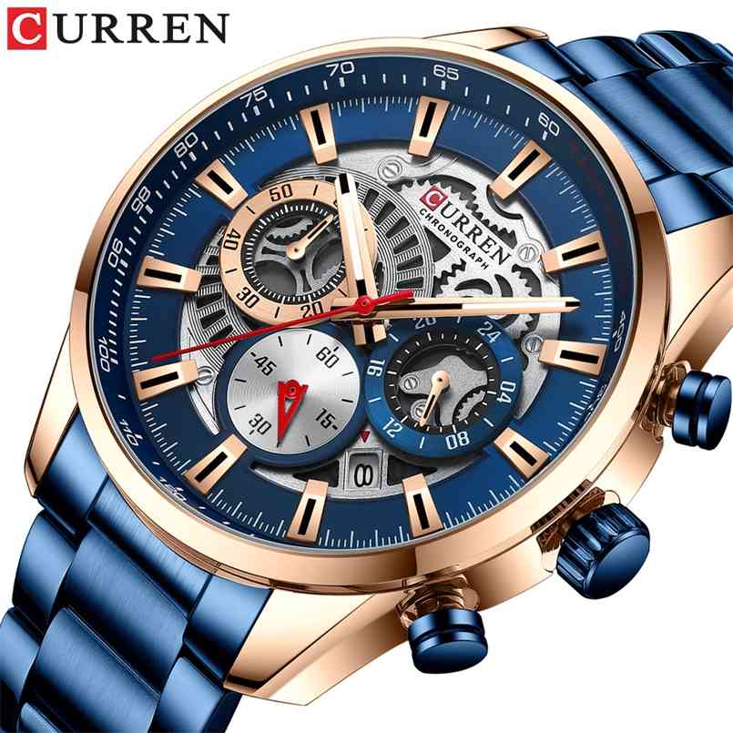 

Curren Men Watches Top Brand Luxury Business Waterproof Chronograph Male Blue Sport Watch For Relogio Masculino 210707, Rose blue tool