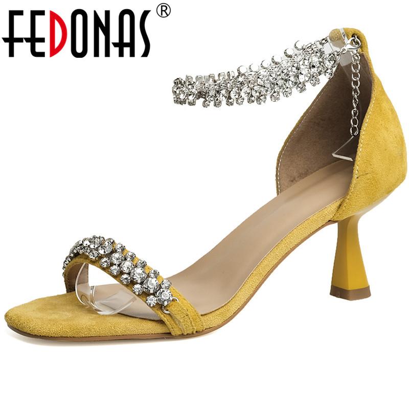 

Rhinestone Sandals For Women Sexy Fashion Summer High Heels Pumps Buckles Suede Leather Night Club Party Shoes Woman, Black