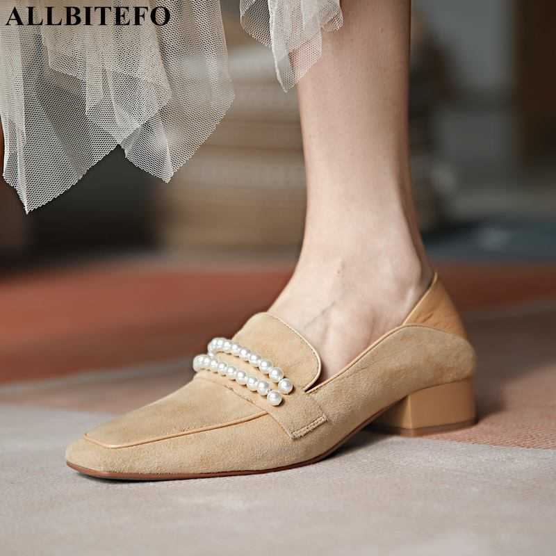 

ALLBITEFO Beaded Design natural sheepskin genuine leather women heels shoes thick heel fashion girls low heel shoes high heels 210611, As picture