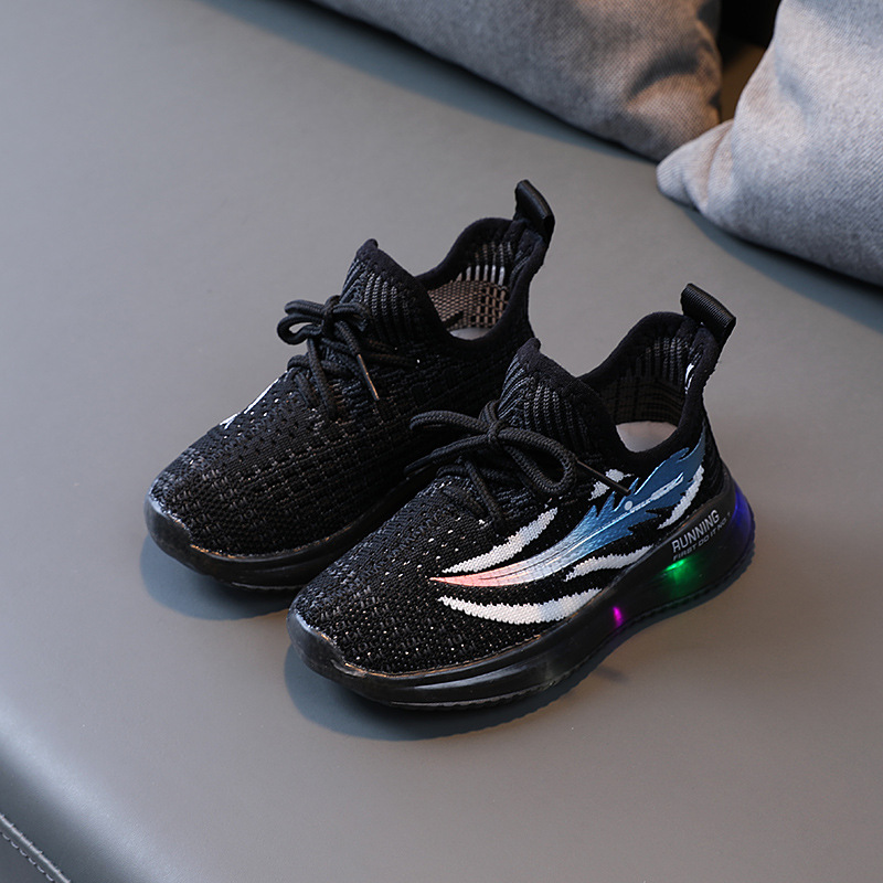 

Size 21-30 Boys Children Lighted Sports Shoes Girls Kids Luminous Shoes with LED Lights Baby Glowing Breathable Mesh Sneakers, Black