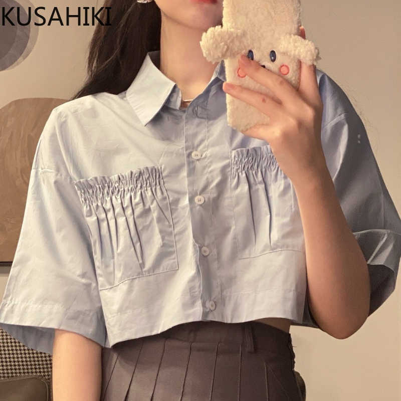 

High Waist Short Women Blouse Causal Pleated Pockets Shirt Summer Sleeve Turn-down Collar Crop Tops 6G835 210603, Blue