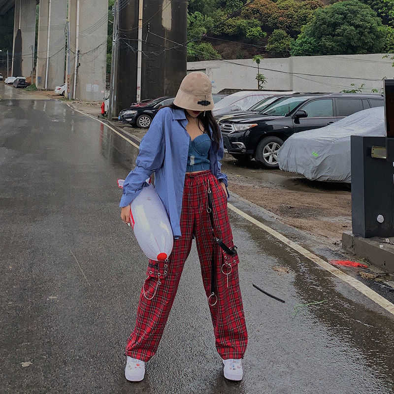 

HOUZHOU Punk Chain Cargo Pant Harajuku Goth Plaid Checkered Trousers Female Streetwear Aesthetic Hip Hop Egirl Grunge Emo 210608, As pic