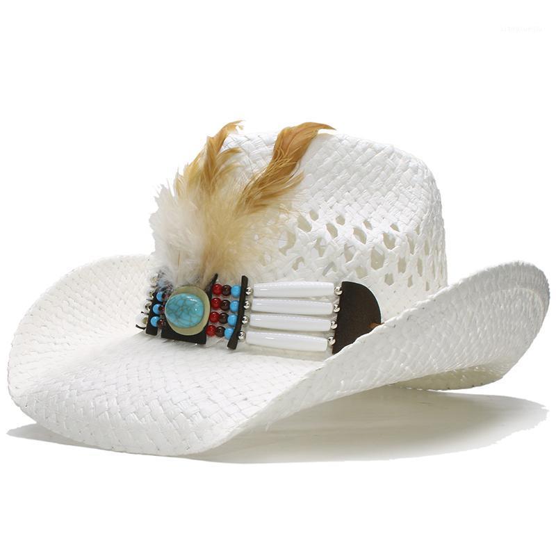 

Chicken Feather Band Casual Hollowed Out Women Men Retro Raffia Straw Wide Brim Beach Cowboy Cowgirl Western Sun Hat (58cm Hats, Blue;gray