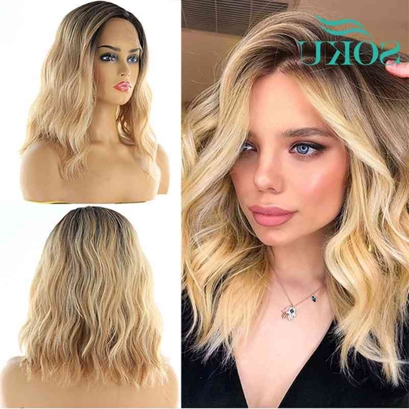 

Front Lace Short Bob Wigs Ombre Blonde Natural Wave Shoulder Length SOKU Synthetic Deep Invisible Side L Part Wig For Women, #1b