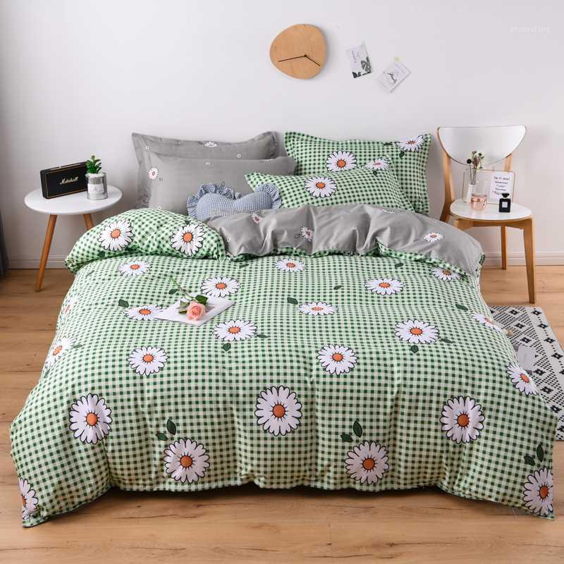 

Bedding Sets .WENSD Printing Housse De Couette Flower Sanding Thick Bed Linen Home Set Green Plaid Duvet Cover 4pcs /set