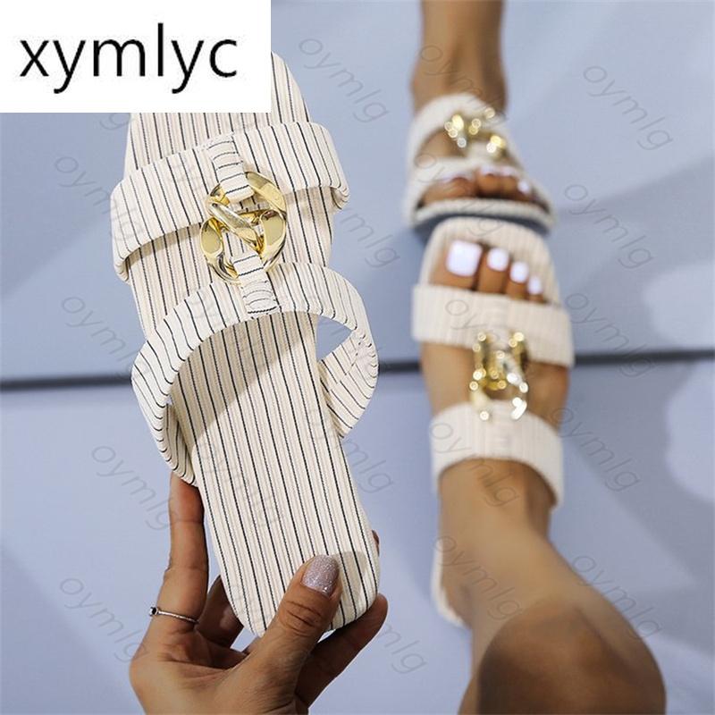 

Slippers Women's Outer Wear 2021 Summer Style Large Size Simple Fashion Striped Flat-bottomed Female Sandals And, Beige