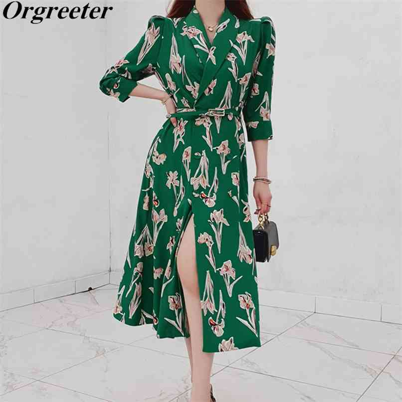 

Vestidos De Mujer Femme Summer Floral Printted Green Wrap Dress Fashion Double breasted Mid Blazer Women With Belt 210602
