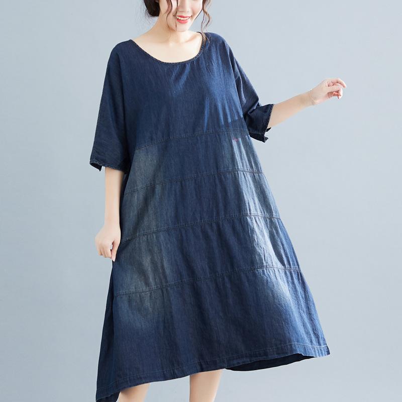 

Johnature Women Summer Denim Dress Loose Comfortable Solid Color Short Sleeve O-neck Pockets Leisure Korean Dress 210521, Blue