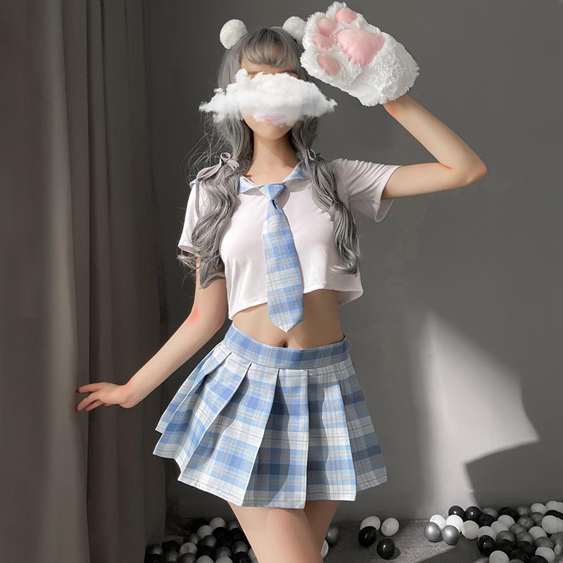 

Bras Sets Sexy Skirt Cosplay Japanese Generous Collar Style Student Uniform Erotic College Set Adult Tie Porno Lingerie Woman Costume, Whiteblue