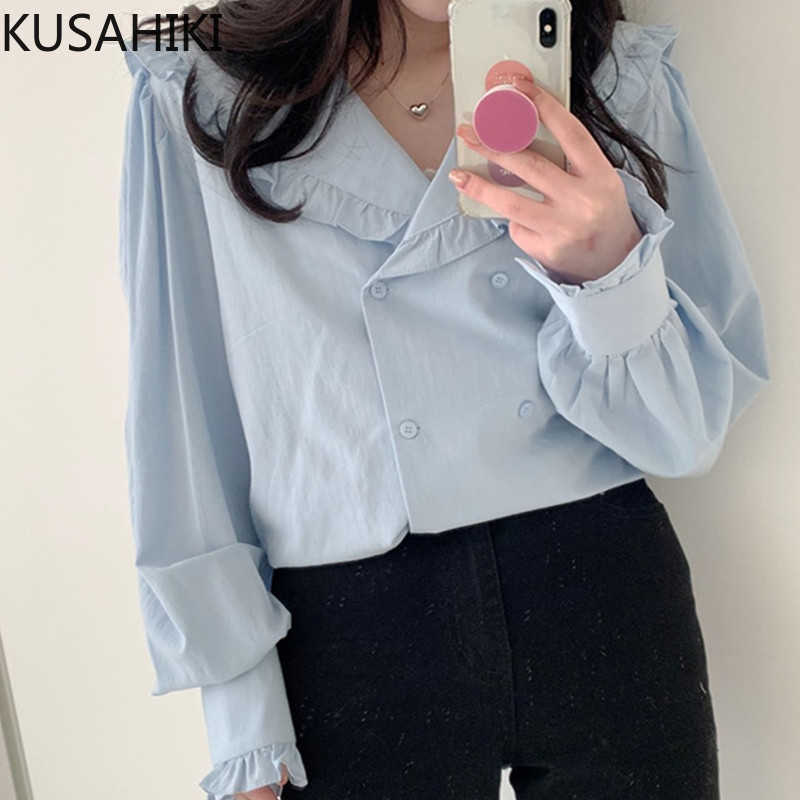 

KUSAHIKI Korean Ruffle Turn-down Collar Women Shirt Causal Puff Sleeve Elegant Blouse Spring Blusas Feminimos 6F597 210602, Blue