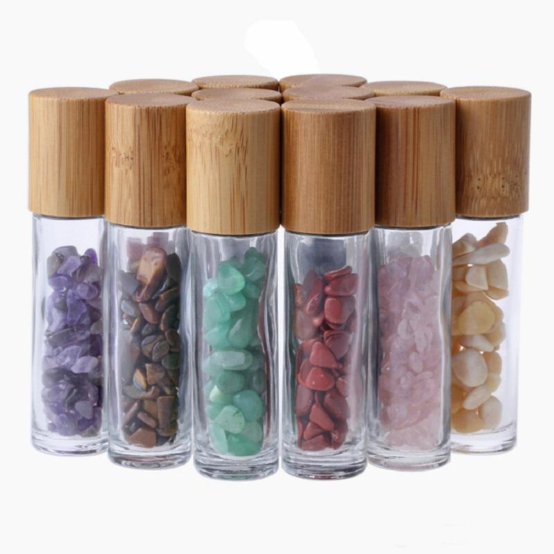 

10ml Essential Oil Roller Bottles Glass Roll on Perfume Bottle with Crushed Natural Crystal Quartz Stone gemstone RollerBall Bamboo Cap